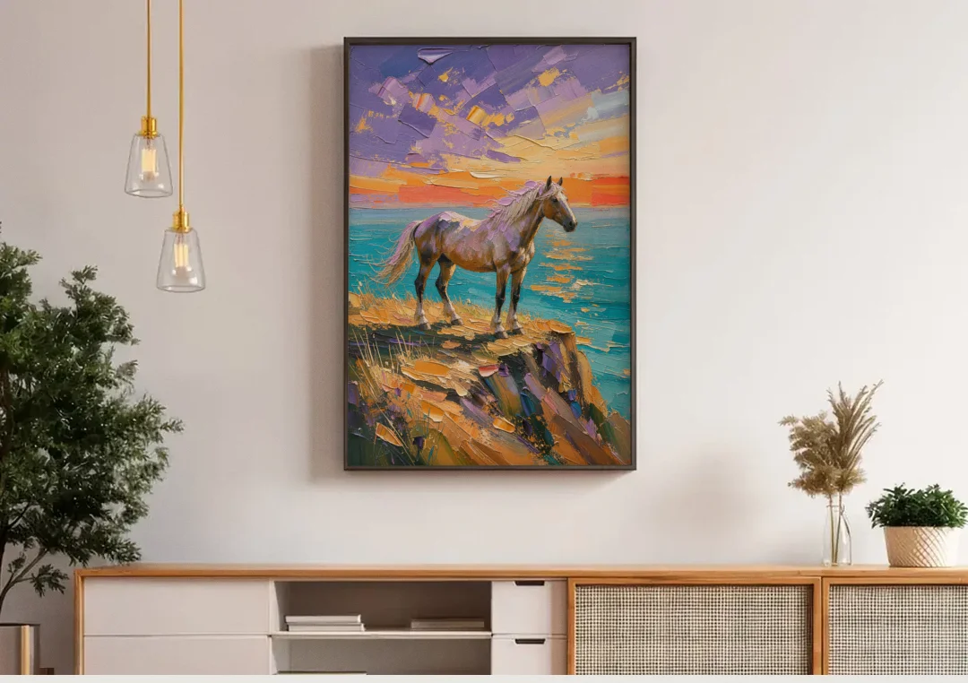 Large Horse Wall Art on a Twilight Headland canvas wall art above a wooden sideboard under pendant lights