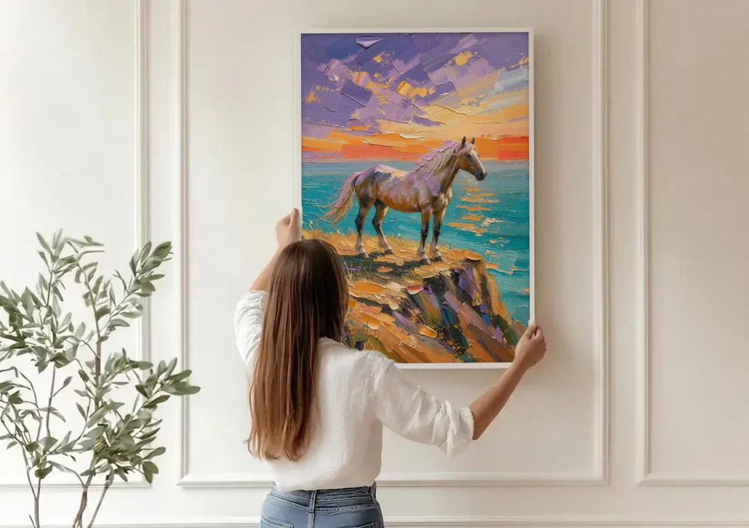 Large Horse Wall Art on a Twilight Headland canvas wall art being hung on a paneled wall