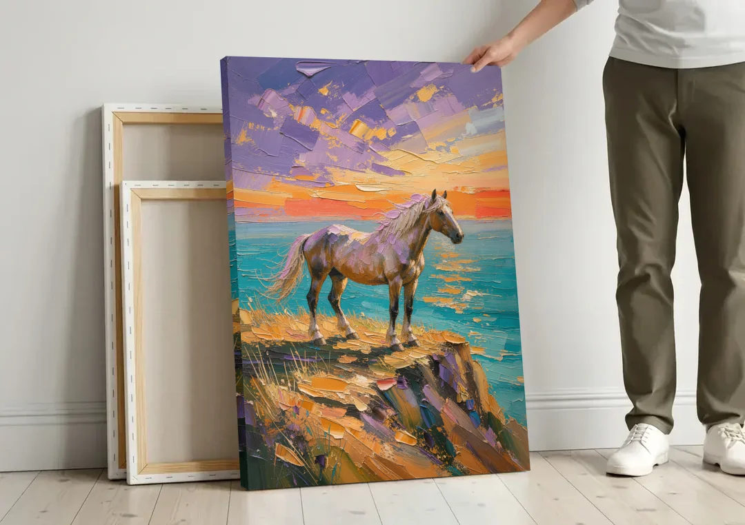 Large Horse Wall Art on a Twilight Headland canvas wall art leaning against a wall next to blank canvases