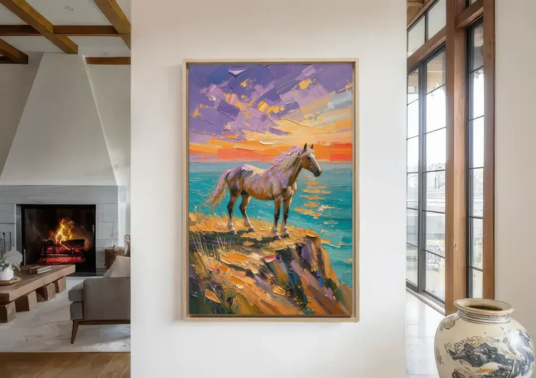 Large Horse Wall Art on a Twilight Headland canvas wall art in a living room with a fireplace