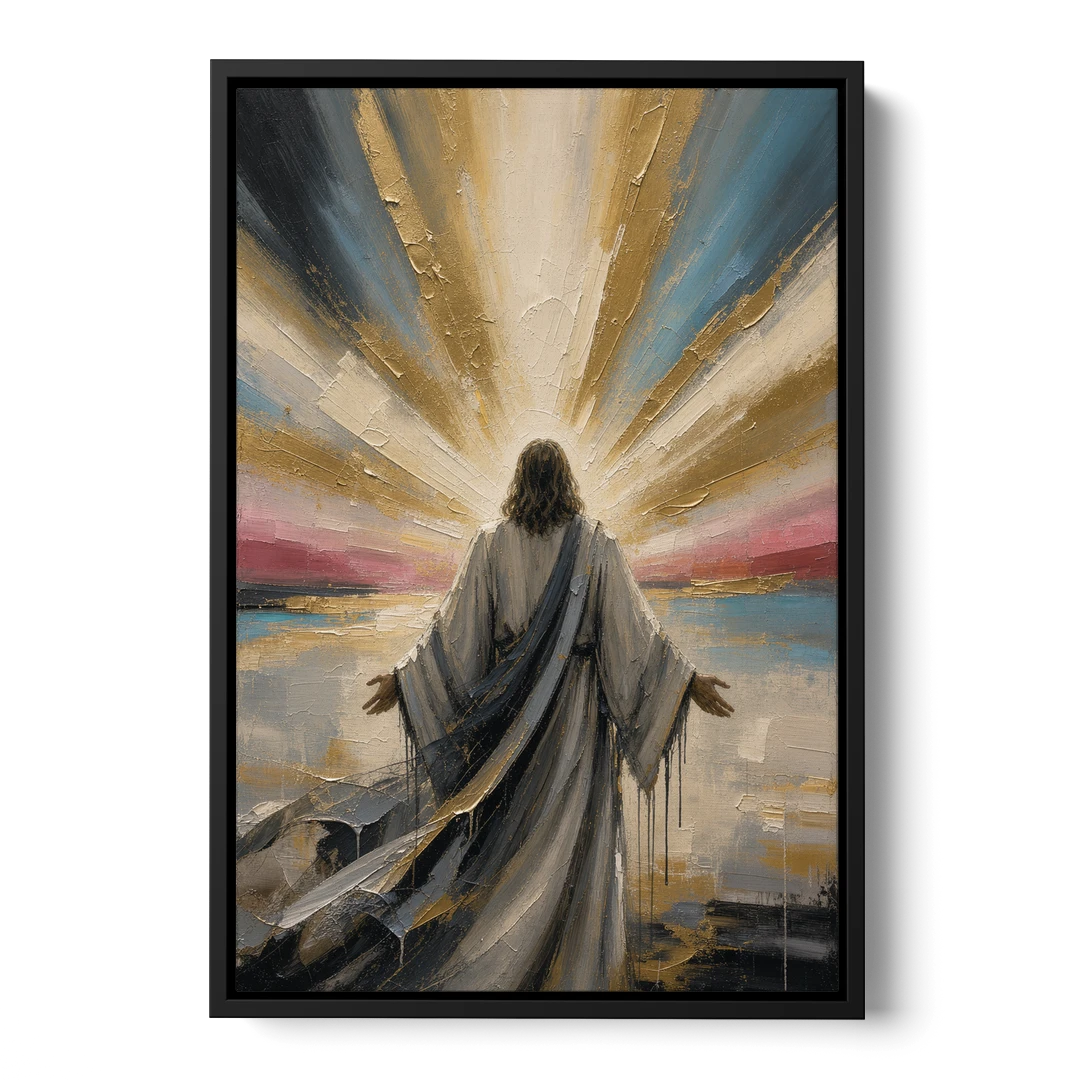Large Jesus Wall Art with Arms Open to Light - Black Framed Canvas Wall Art - Front