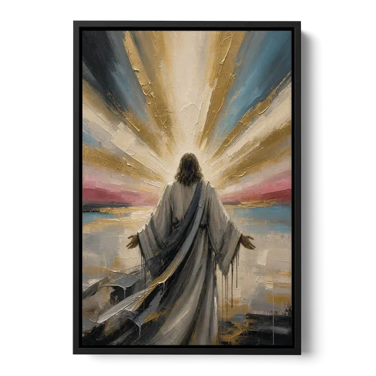 Large Jesus Wall Art with Arms Open to Light - Black Framed Canvas Wall Art - Front