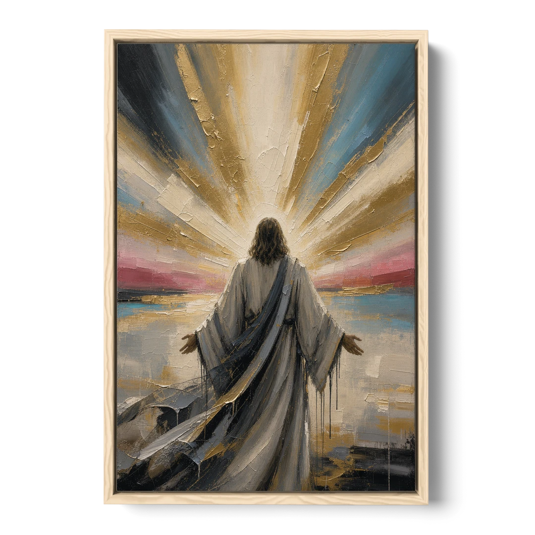 Large Jesus Wall Art with Arms Open to Light - Oak Framed Canvas Wall Art - Front