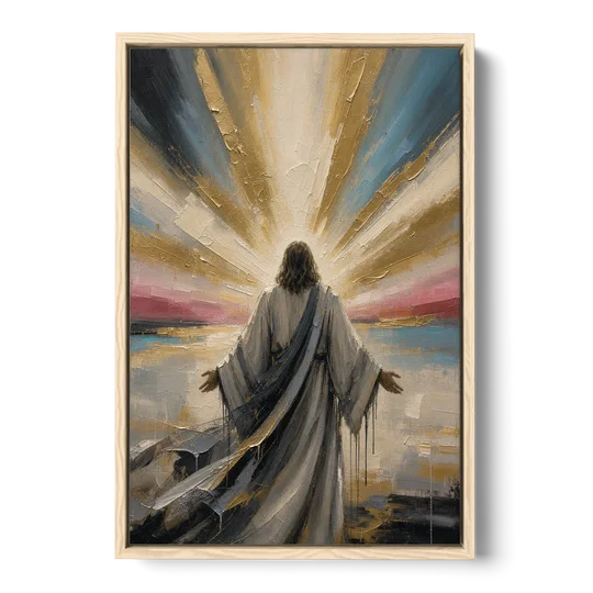 Large Jesus Wall Art with Arms Open to Light - Oak Framed Canvas Wall Art - Front