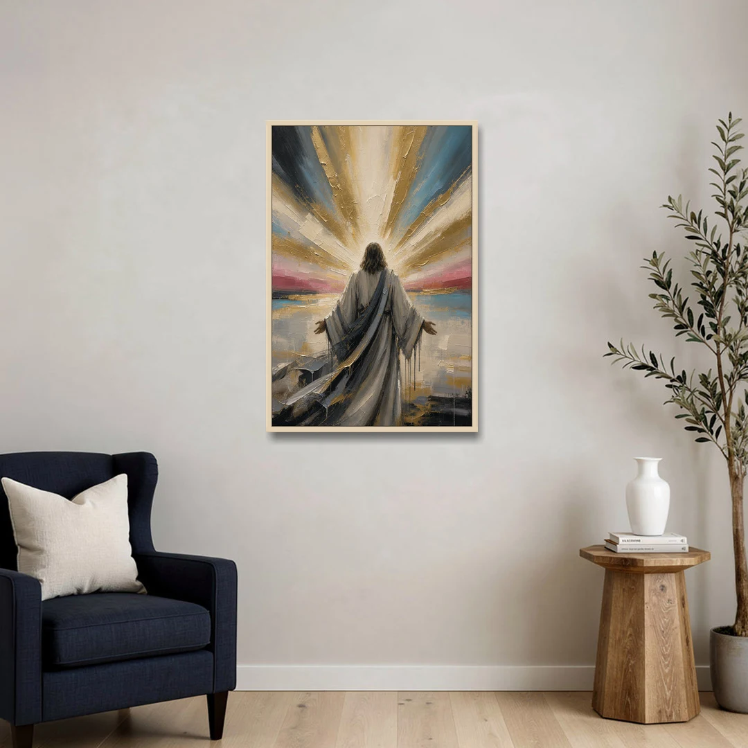 Large Jesus Wall Art with Arms Open to Light - Oak Framed Canvas Wall Art - Sofa - 24x36