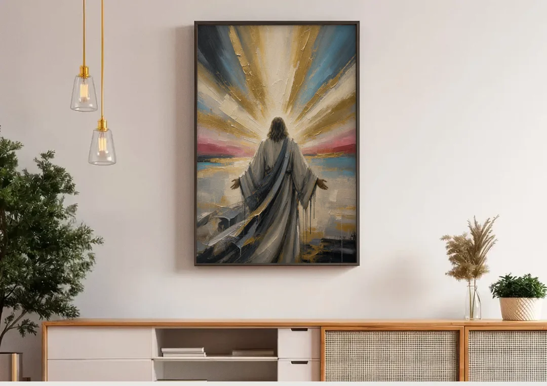 Large Jesus Wall Art with Arms Open to Light canvas wall art above a wooden sideboard under pendant lights