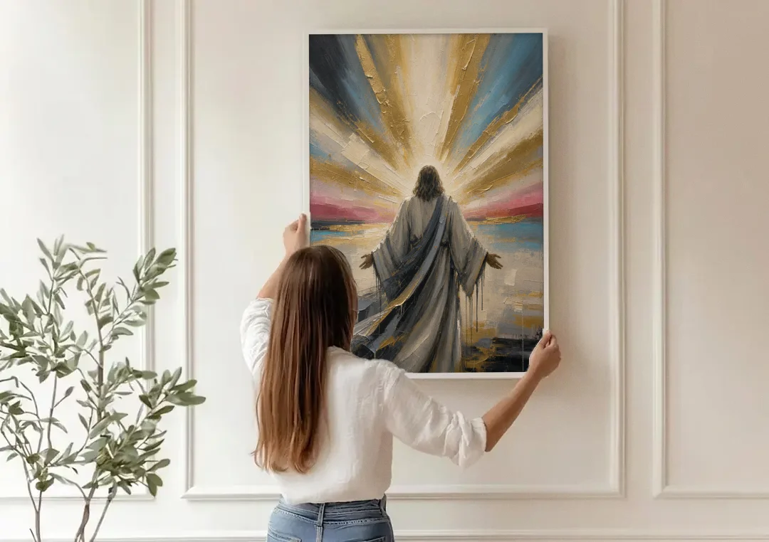 Large Jesus Wall Art with Arms Open to Light canvas wall art being hung on a paneled wall
