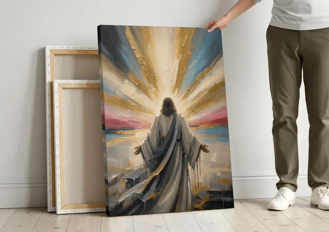 Large Jesus Wall Art with Arms Open to Light canvas wall art leaning against a wall next to blank canvases