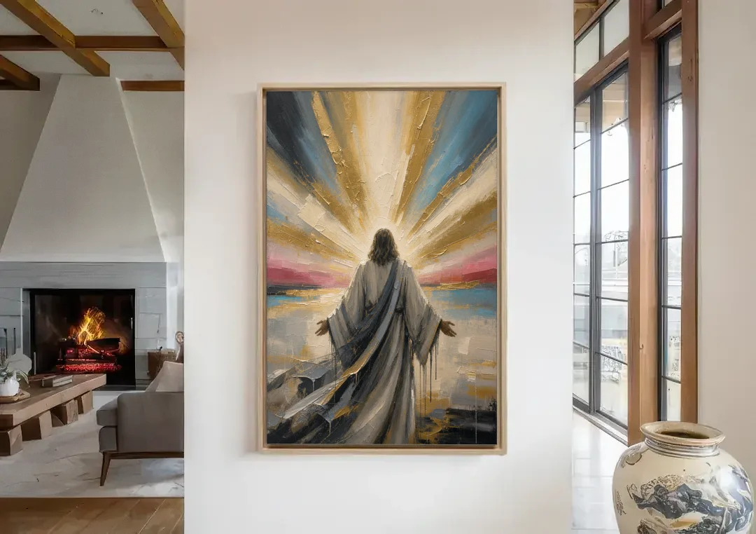 Large Jesus Wall Art with Arms Open to Light canvas wall art in a living room with a fireplace