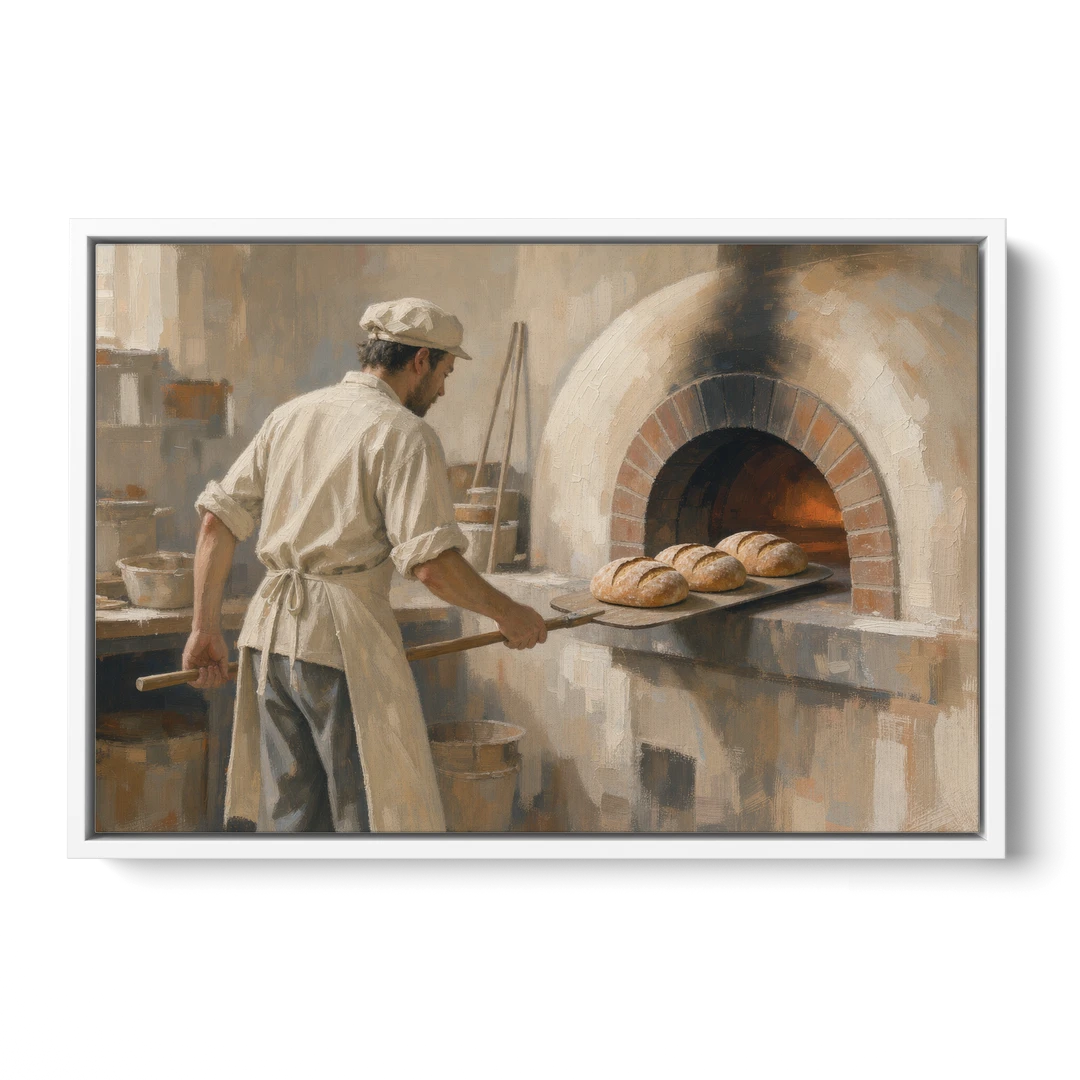 Large Kitchen Wall Art of Loaves Leaving the Oven - White Framed Canvas Wall Art - Front