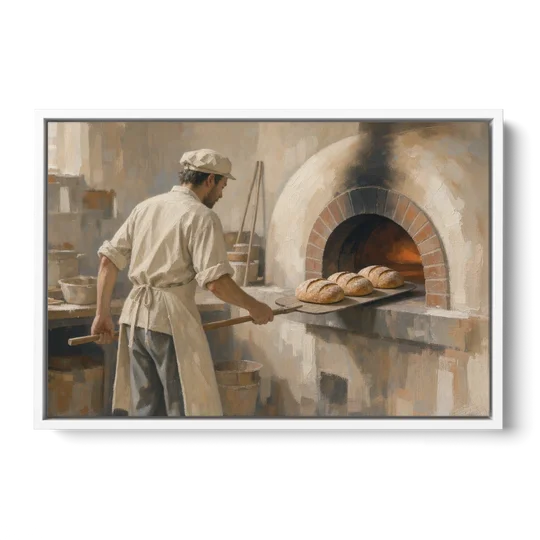 Large Kitchen Wall Art of Loaves Leaving the Oven - White Framed Canvas Wall Art - Front
