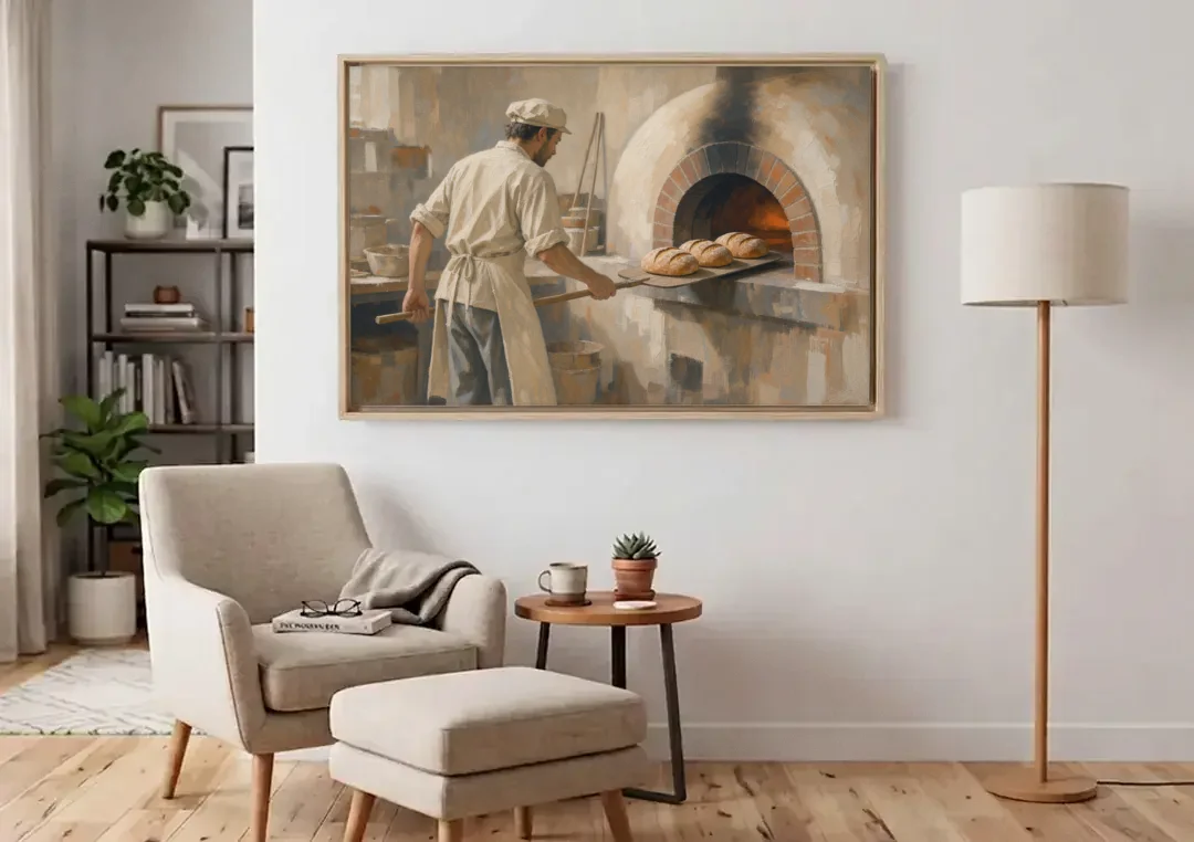Large Kitchen Wall Art of Loaves Leaving the Oven canvas wall art above an armchair in a bright living room