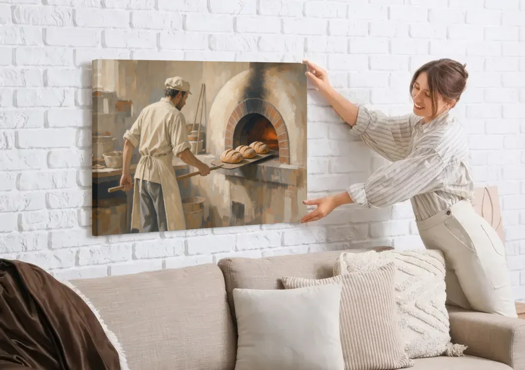 Large Kitchen Wall Art of Loaves Leaving the Oven canvas wall art being hung on a white brick wall above a sofa