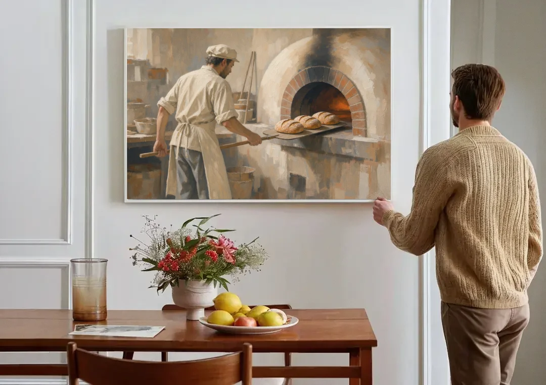 Large Kitchen Wall Art of Loaves Leaving the Oven canvas wall art above a dining table