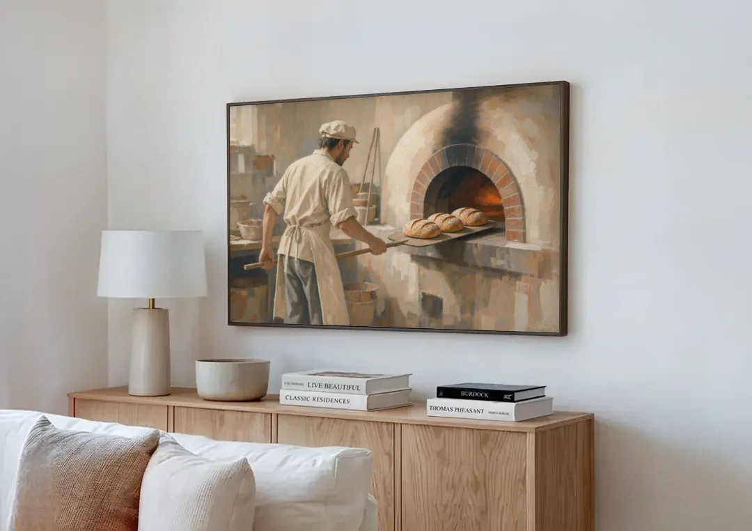 Large Kitchen Wall Art of Loaves Leaving the Oven canvas wall art above a wooden sideboard next to a sofa
