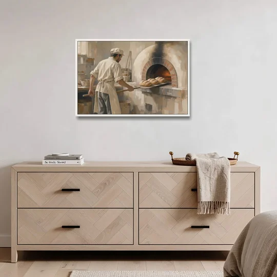 Large Kitchen Wall Art of Loaves Leaving the Oven - White Framed Canvas Wall Art - Coffee Table - 36x24