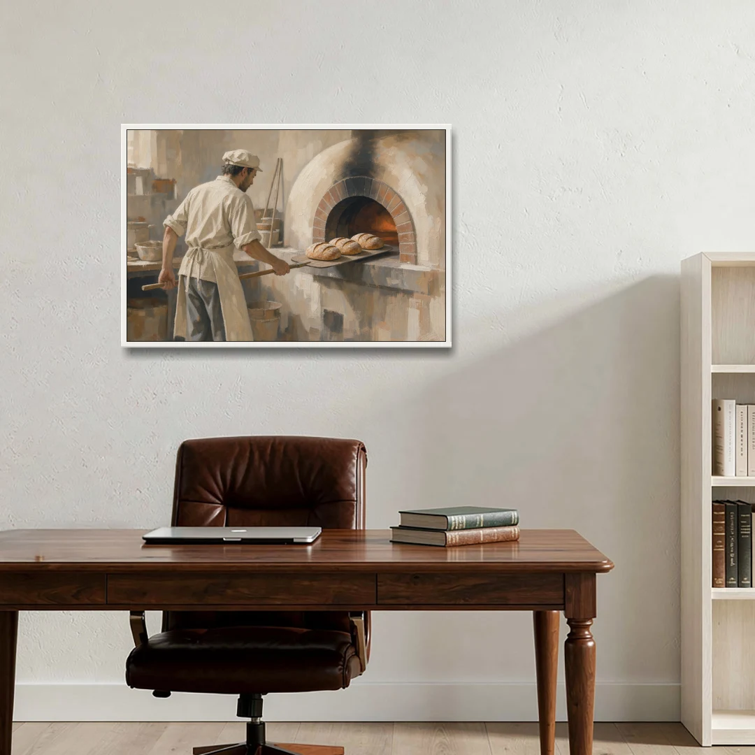 Large Kitchen Wall Art of Loaves Leaving the Oven - White Framed Canvas Wall Art - Office - 36x24