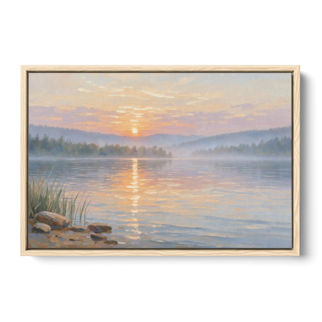 Large Landscape Painting Golden Path at Dawn - Oak Framed Canvas Wall Art - Front