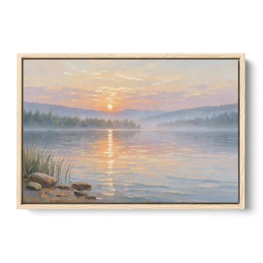 Large Landscape Painting Golden Path at Dawn - Oak Framed Canvas Wall Art - Front