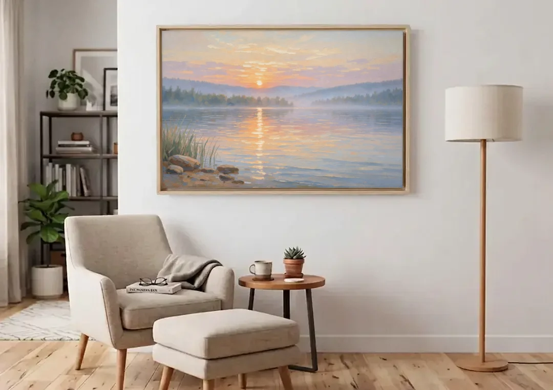 Large Landscape Painting Golden Path at Dawn canvas wall art above an armchair in a bright living room