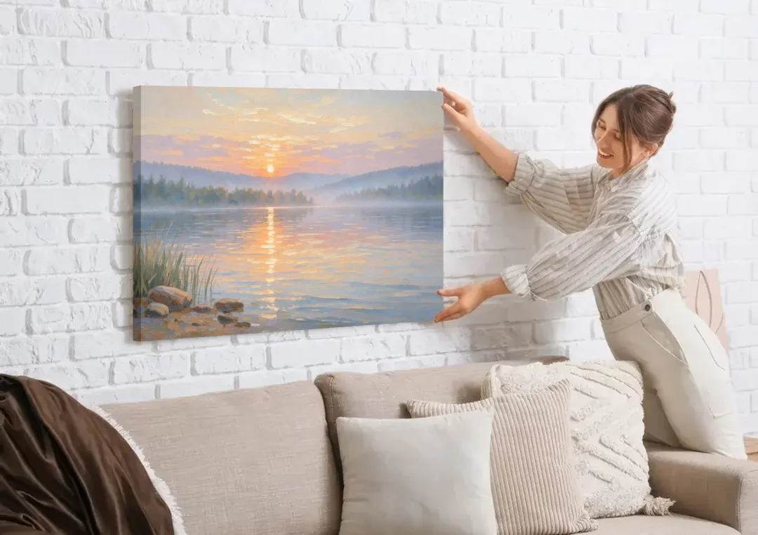 Large Landscape Painting Golden Path at Dawn canvas wall art being hung on a white brick wall above a sofa