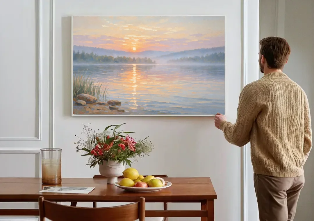 Large Landscape Painting Golden Path at Dawn canvas wall art above a dining table