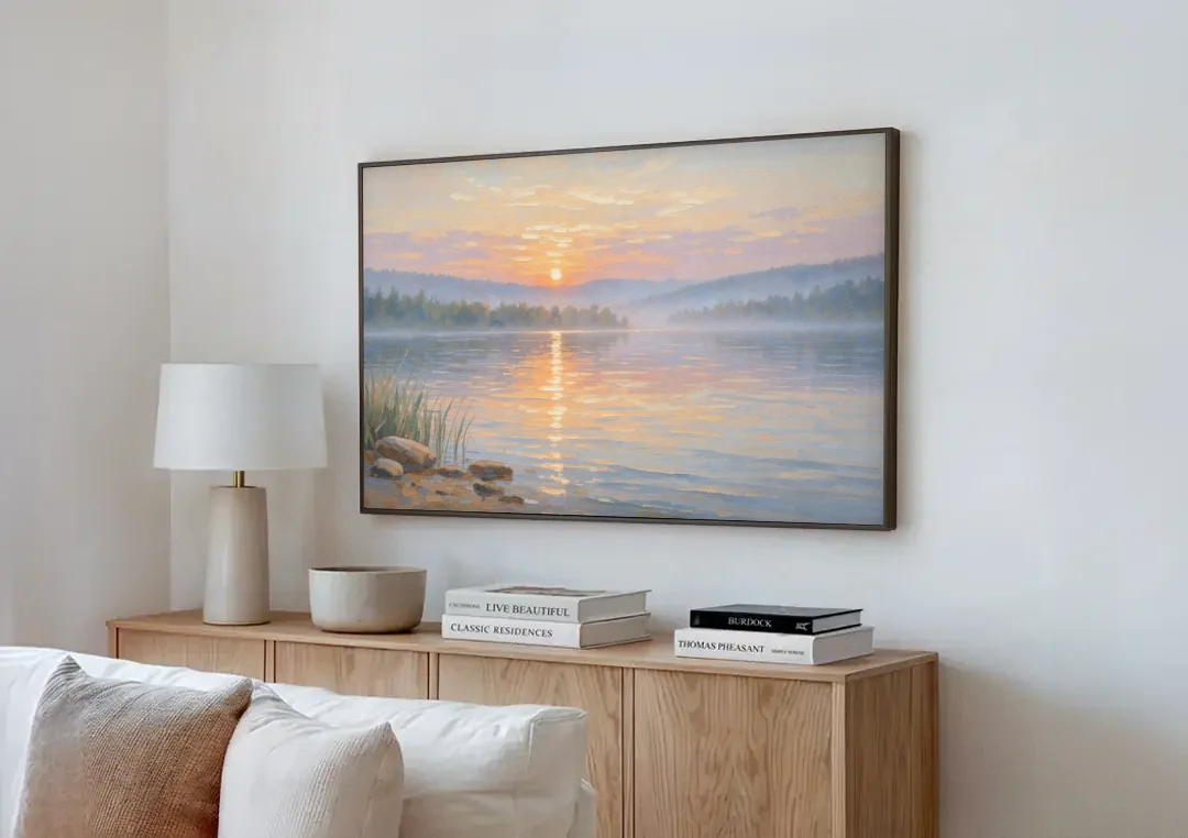Large Landscape Painting Golden Path at Dawn canvas wall art above a wooden sideboard next to a sofa