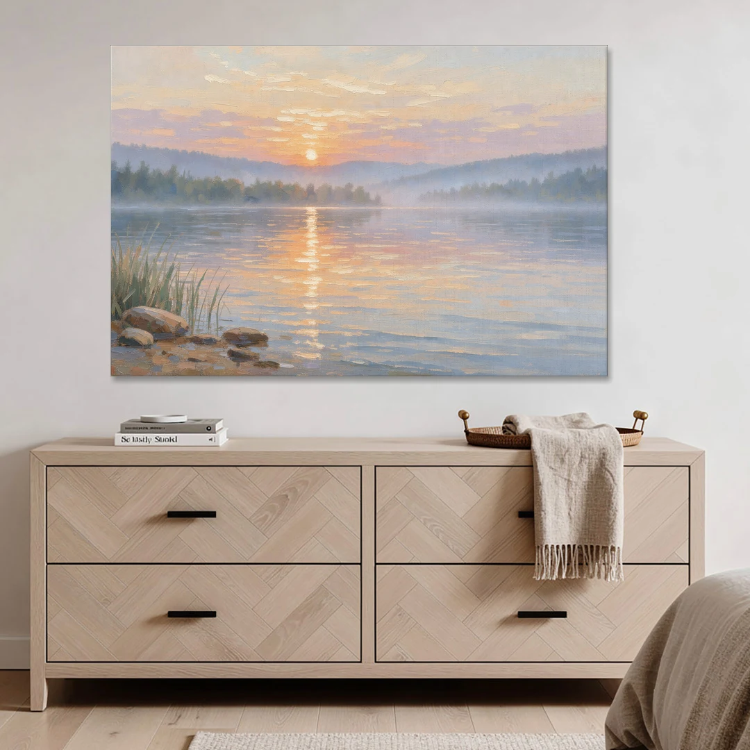 Large Landscape Painting Golden Path at Dawn - Canvas Wall Art - Coffee Table - 60x40