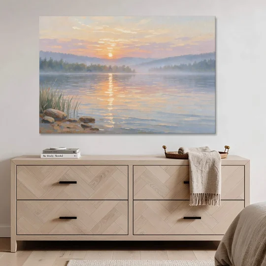 Large Landscape Painting Golden Path at Dawn - Canvas Wall Art - Coffee Table - 60x40