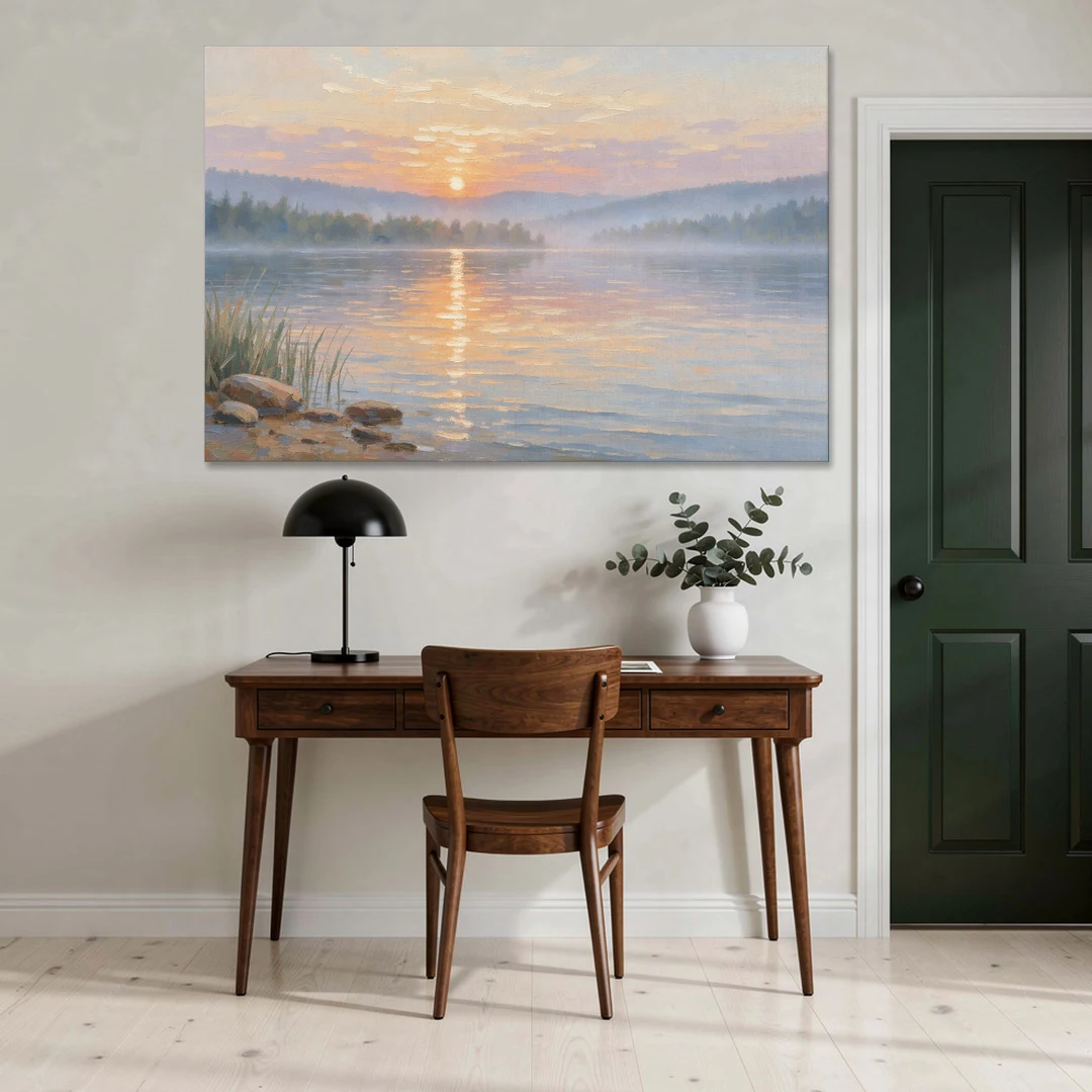 Large Landscape Painting Golden Path at Dawn - Canvas Wall Art - Office - 60x40