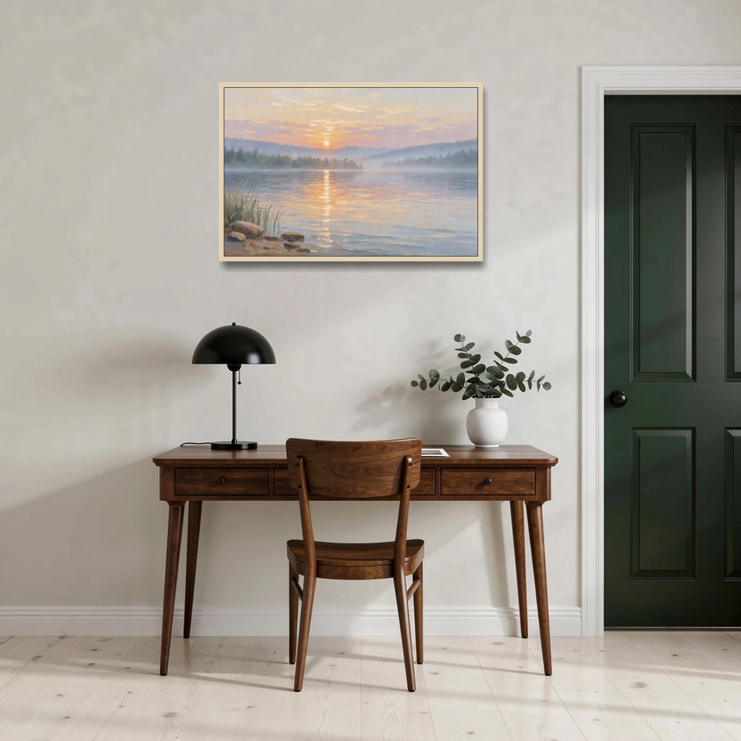 Large Landscape Painting Golden Path at Dawn - Oak Framed Canvas Wall Art - Office - 36x24