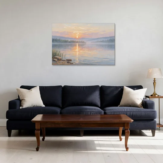 Large Landscape Painting Golden Path at Dawn - Canvas Wall Art - Sofa - 36x24