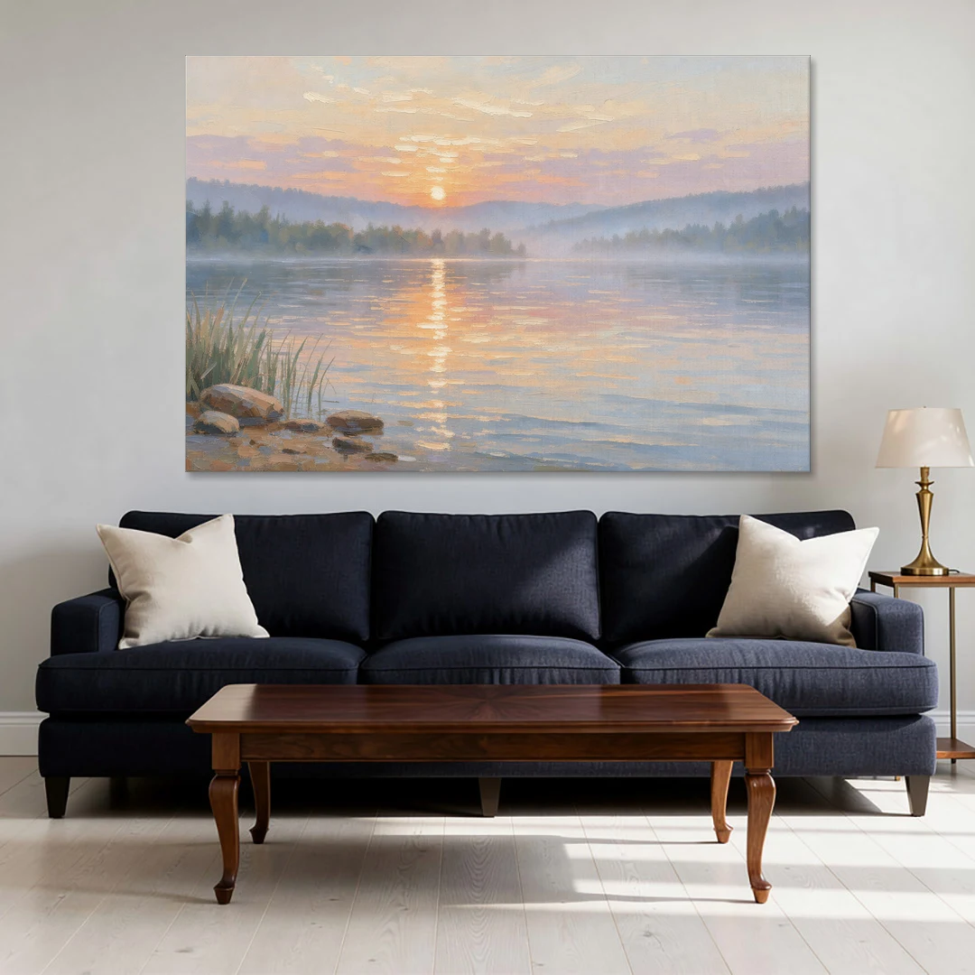 Large Landscape Painting Golden Path at Dawn - Canvas Wall Art - Sofa - 60x40