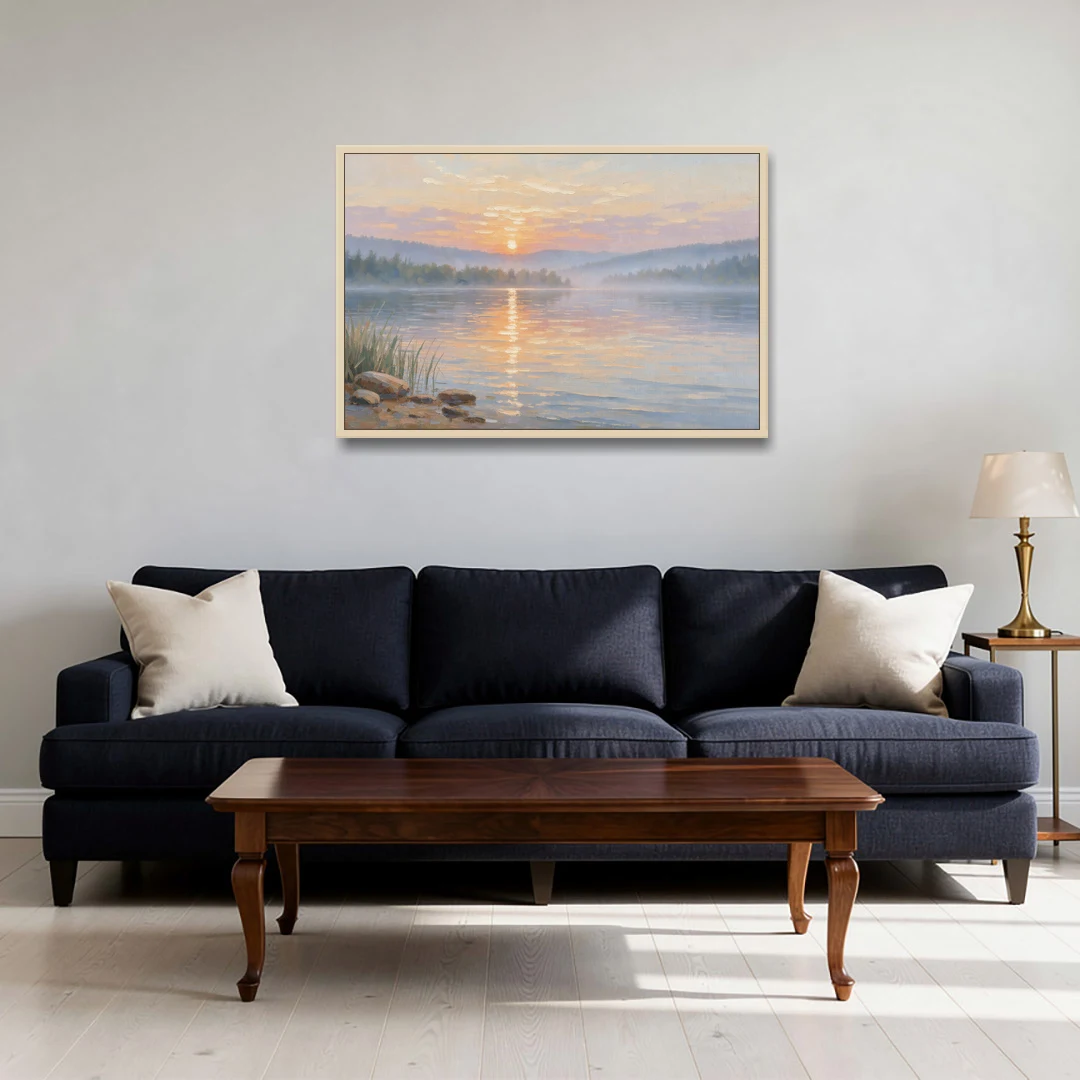 Large Landscape Painting Golden Path at Dawn - Oak Framed Canvas Wall Art - Sofa - 36x24
