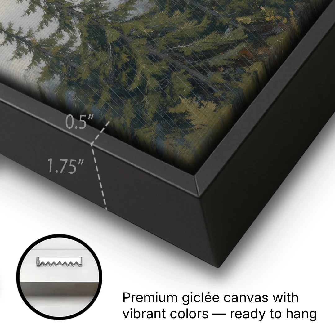 Large Landscape Wall Art with Spruce in Rain Mist - Black Framed Canvas Wall Art - Gallery Wrap Corner