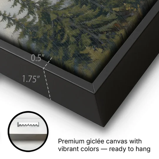 Large Landscape Wall Art with Spruce in Rain Mist - Black Framed Canvas Wall Art - Gallery Wrap Corner