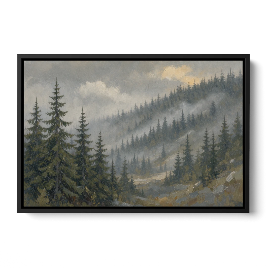 Large Landscape Wall Art with Spruce in Rain Mist - Black Framed Canvas Wall Art - Front