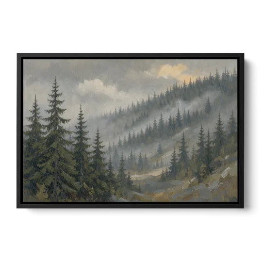 Large Landscape Wall Art with Spruce in Rain Mist - Black Framed Canvas Wall Art - Front