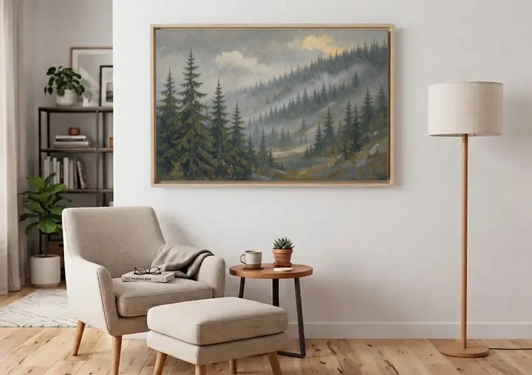 Large Landscape Wall Art with Spruce in Rain Mist canvas wall art above an armchair in a bright living room
