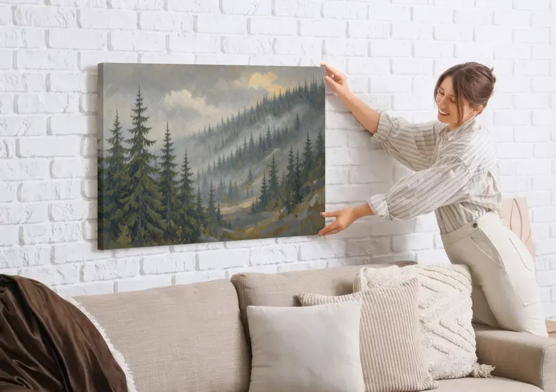 Large Landscape Wall Art with Spruce in Rain Mist canvas wall art being hung on a white brick wall above a sofa