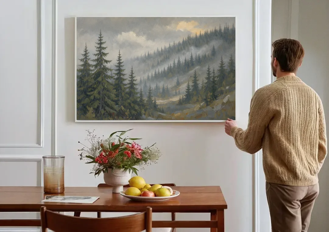 Large Landscape Wall Art with Spruce in Rain Mist canvas wall art above a dining table