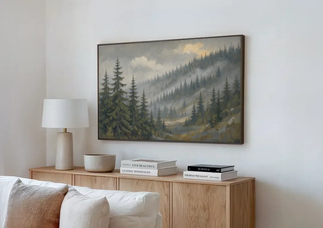 Large Landscape Wall Art with Spruce in Rain Mist canvas wall art above a wooden sideboard next to a sofa