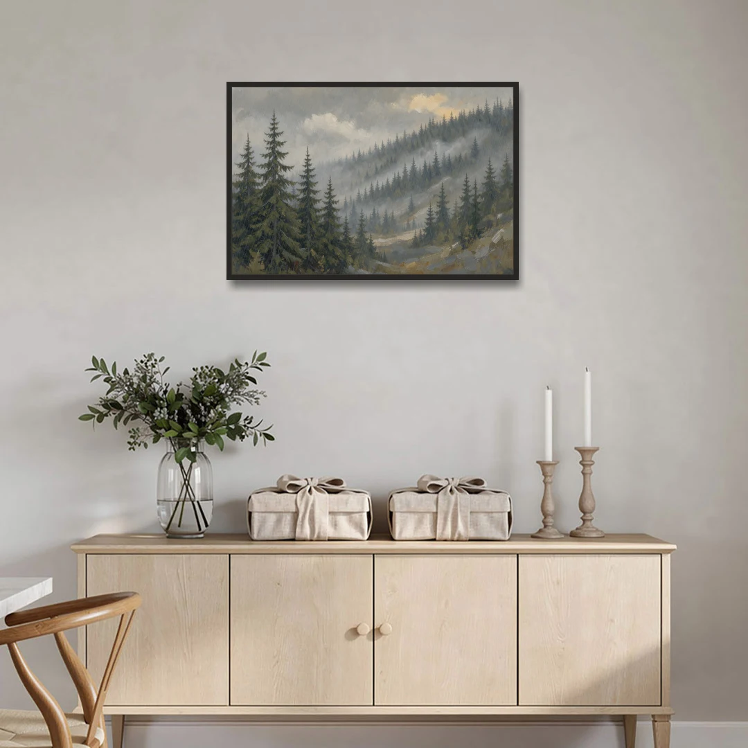 Large Landscape Wall Art with Spruce in Rain Mist - Black Framed Canvas Wall Art - Coffee Table - 36x24