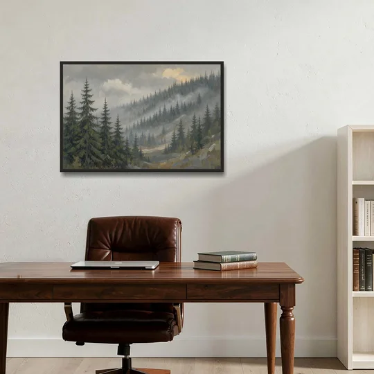 Large Landscape Wall Art with Spruce in Rain Mist - Black Framed Canvas Wall Art - Office - 36x24