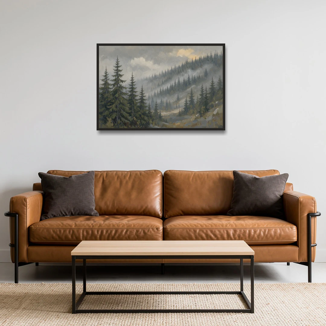 Large Landscape Wall Art with Spruce in Rain Mist - Black Framed Canvas Wall Art - Sofa - 36x24