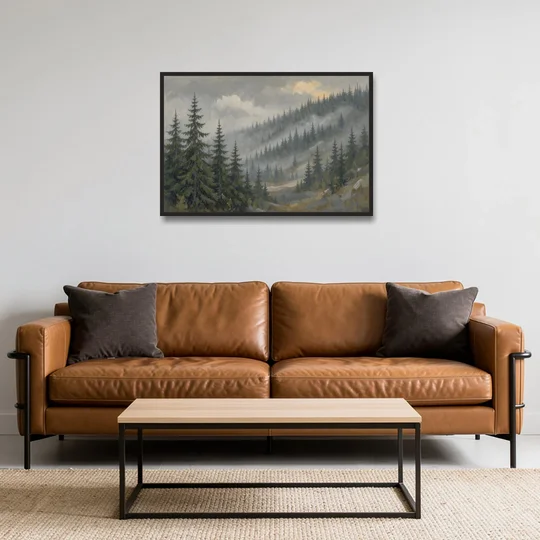Large Landscape Wall Art with Spruce in Rain Mist - Black Framed Canvas Wall Art - Sofa - 36x24
