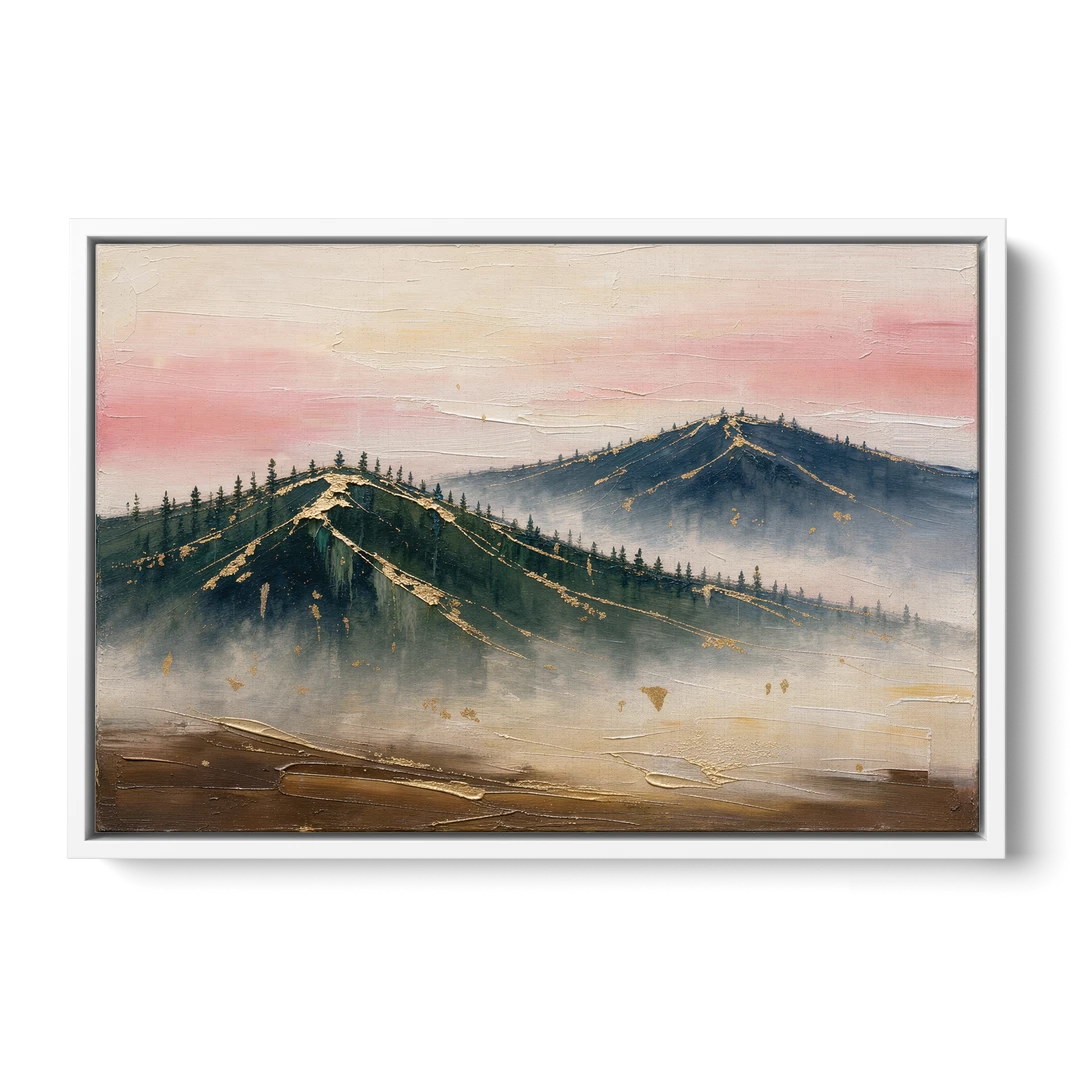 Large Living Room Wall Art of Misty Ridges - White Framed Canvas Wall Art - Front