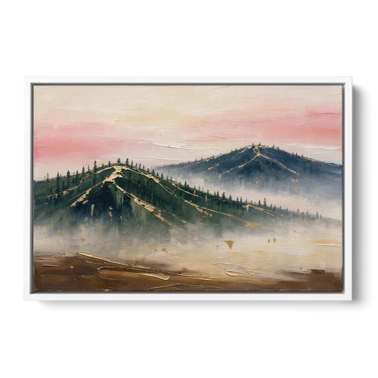 Large Living Room Wall Art of Misty Ridges - White Framed Canvas Wall Art - Front