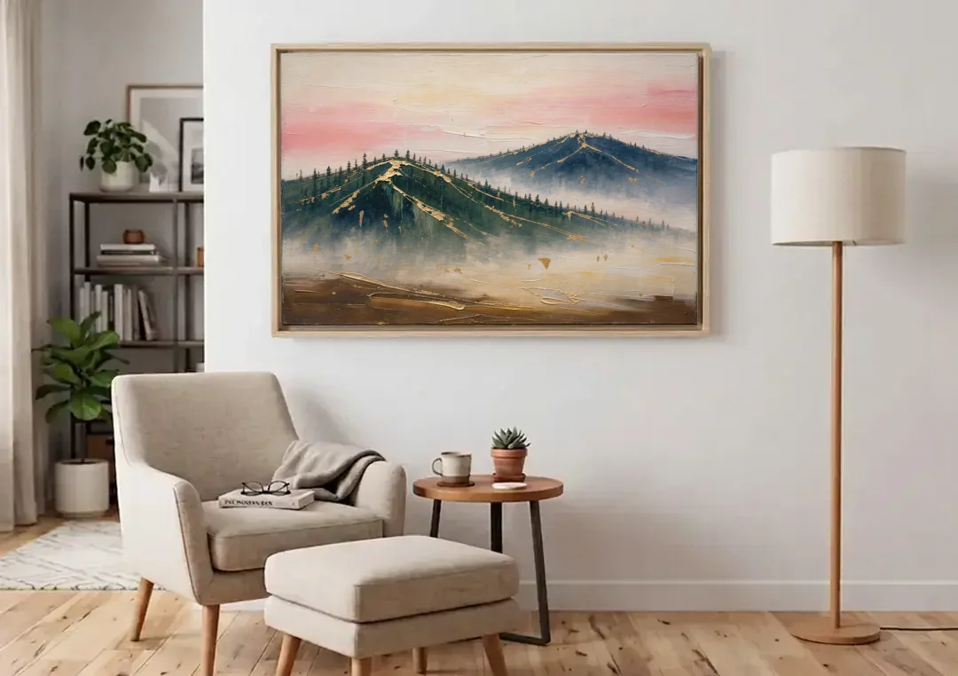 Large Living Room Wall Art of Misty Ridges canvas wall art above an armchair in a bright living room
