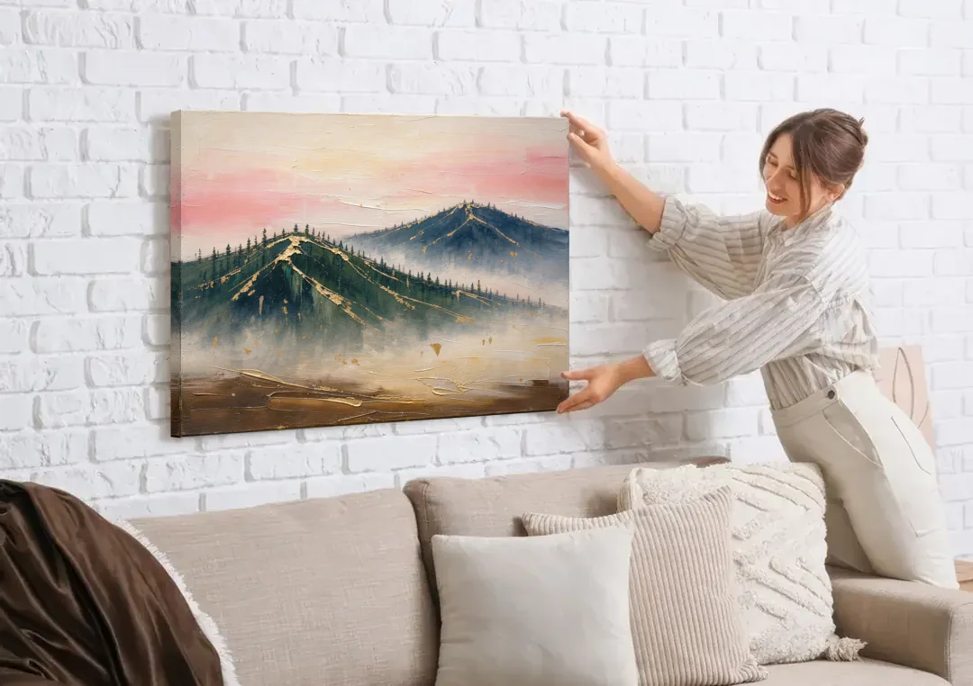 Large Living Room Wall Art of Misty Ridges canvas wall art being hung on a white brick wall above a sofa